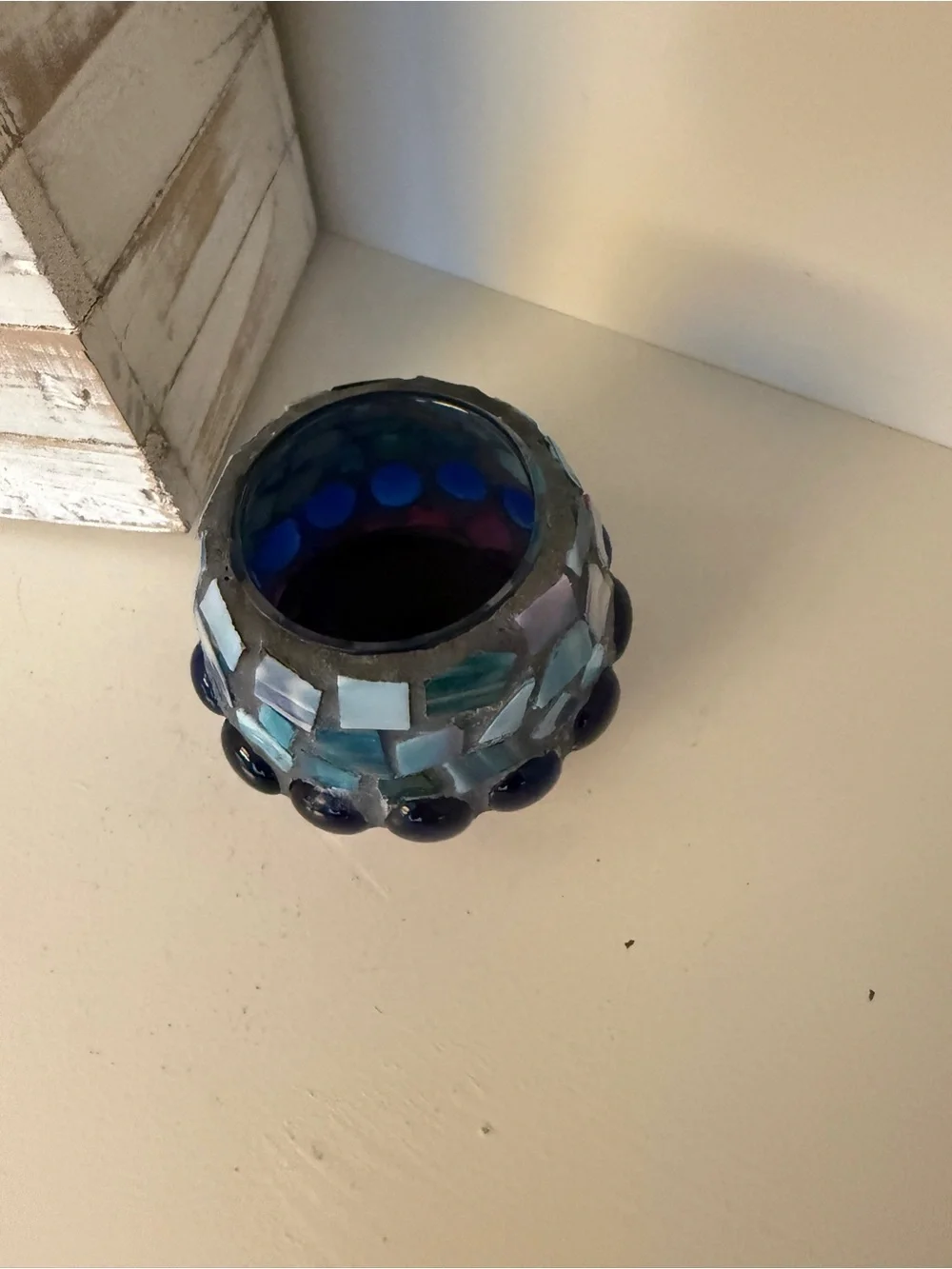 Handmade Mosaic Glass Votive Candle Holder Blue Aqua Pink Boho Decor